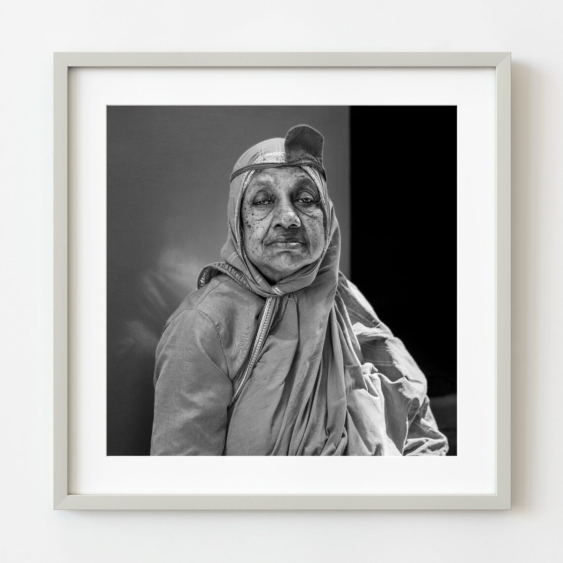 Elderly Woman in Headscarf Black and White Portrait Photography Poster
