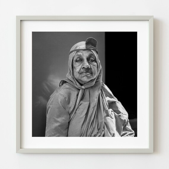 Elderly Woman in Headscarf Black and White Portrait Photography Poster
