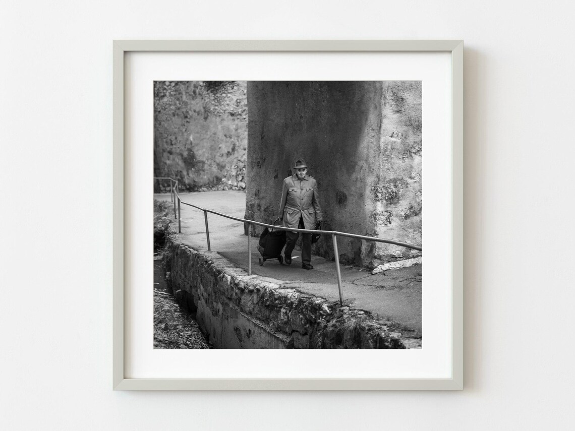 Old Man with Cart Romania Village Street Black White Photo Wall Art