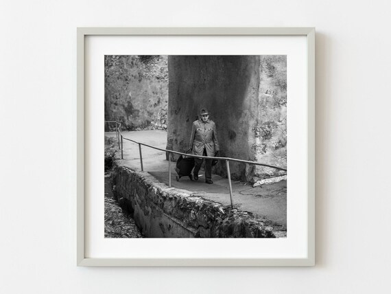 Old Man with Cart Romania Village Street Black White Photo Wall Art