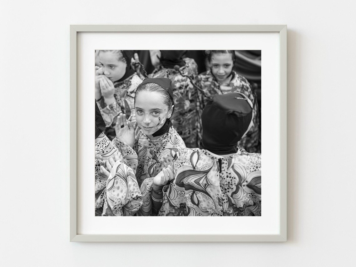 Young Girl in Face Paint and Festival Costume Black White Photo Poster