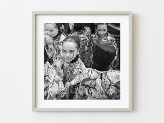 Young Girl in Face Paint and Festival Costume Black White Photo Poster