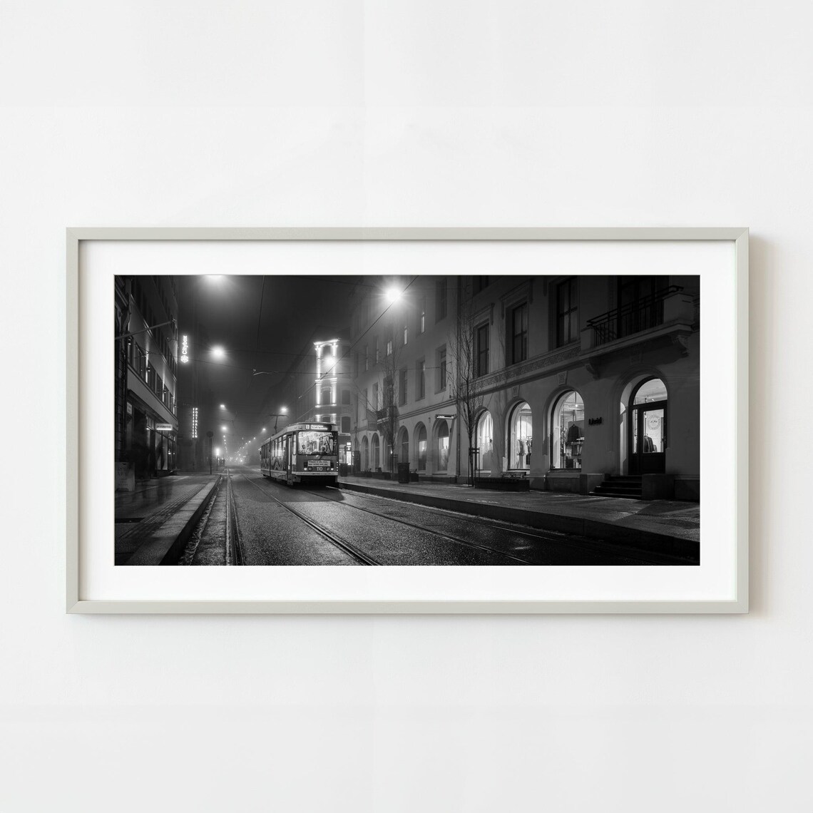 Night Tram on Rainy City Street Black and White Photography Poster