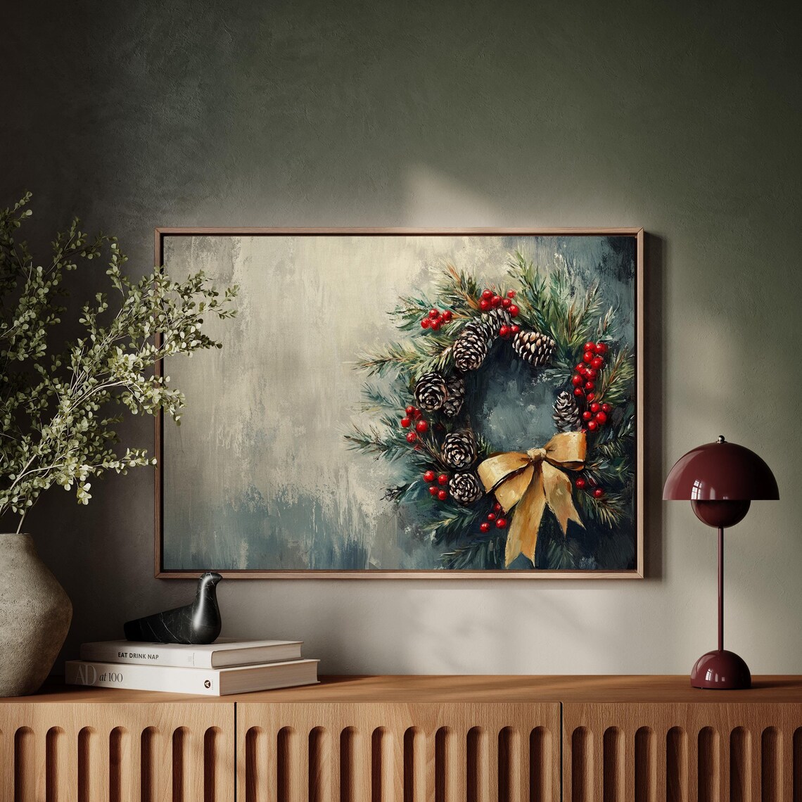 Festive Christmas Wreath With Pinecones Berries And Gold Bow Poster
