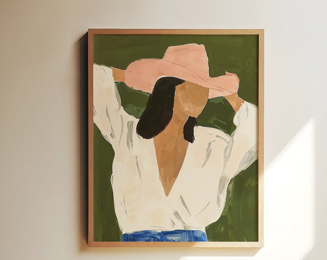 Modern Cowgirl Portrait with Pink Hat on Green Background Poster - Image 2