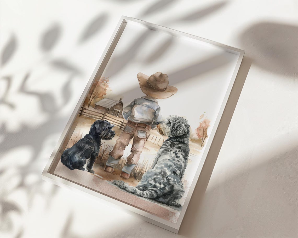 Little Cowboy Boy With Doodle Dogs Farm Watercolor Nursery Poster