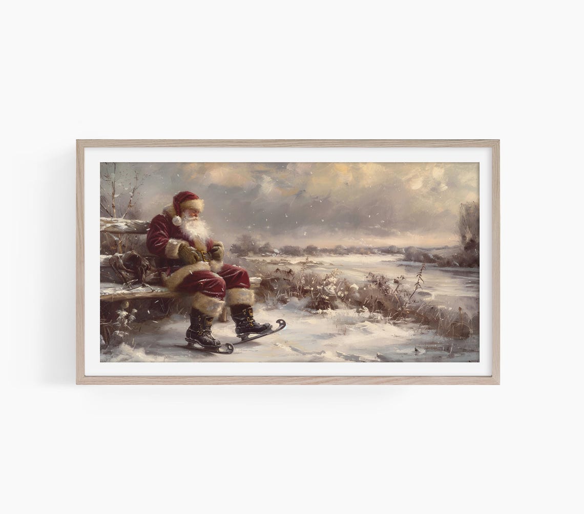 Vintage Santa Ice Skating Tv Art Frame Tv Art Christmas Santa Skating Winter Tv Vintage Painting Santa Tv Art Christmas Eve Tv Art T786