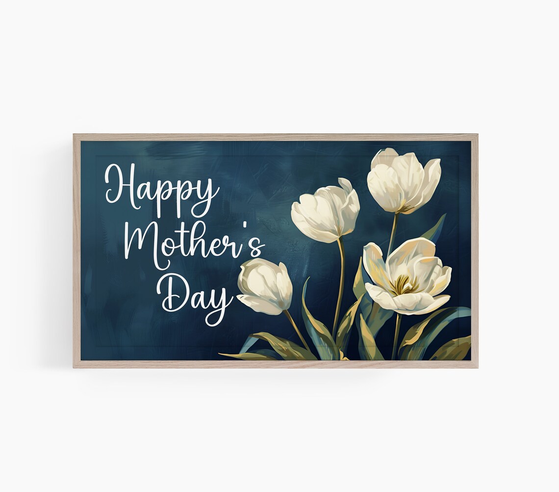 Happy Mothers Day White Tulip Painting Navy Floral Gift Poster