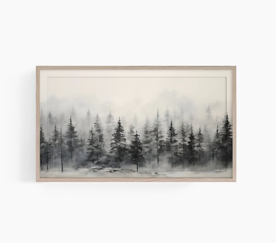 Misty Pine Forest In Winter Fog Black And White Nature Wall Art