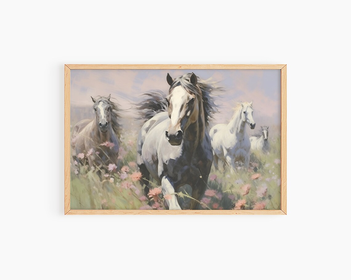 Wild Horses Watercolor Art Print, Spring Neutral