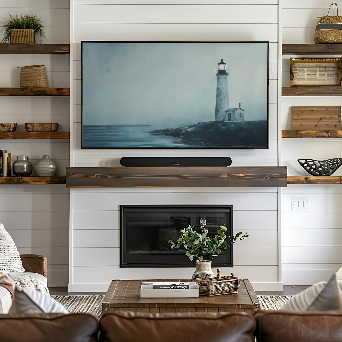 Misty White Lighthouse Rocky Coast Seascape Painting Art Poster - Image 2