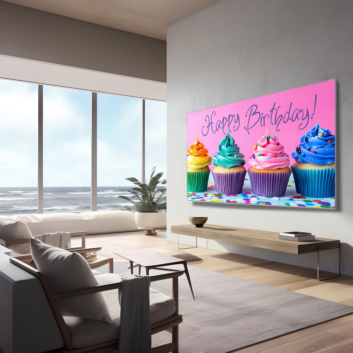 Happy Birthday Pink Background Colorful Cupcakes Party Decor Poster - Image 2