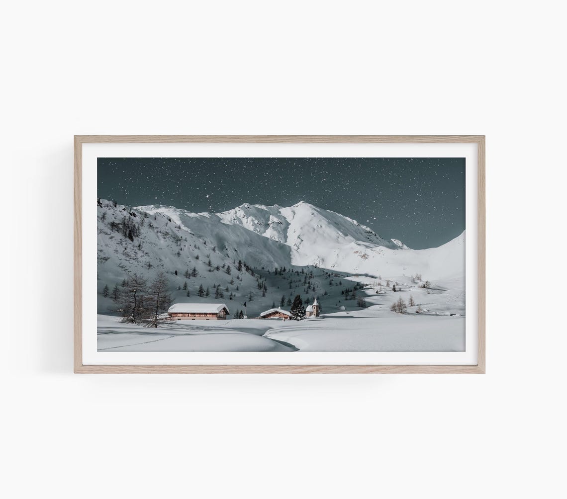 Starry Night Snowy Mountain Cabin Christmas Winter Landscape Poster
