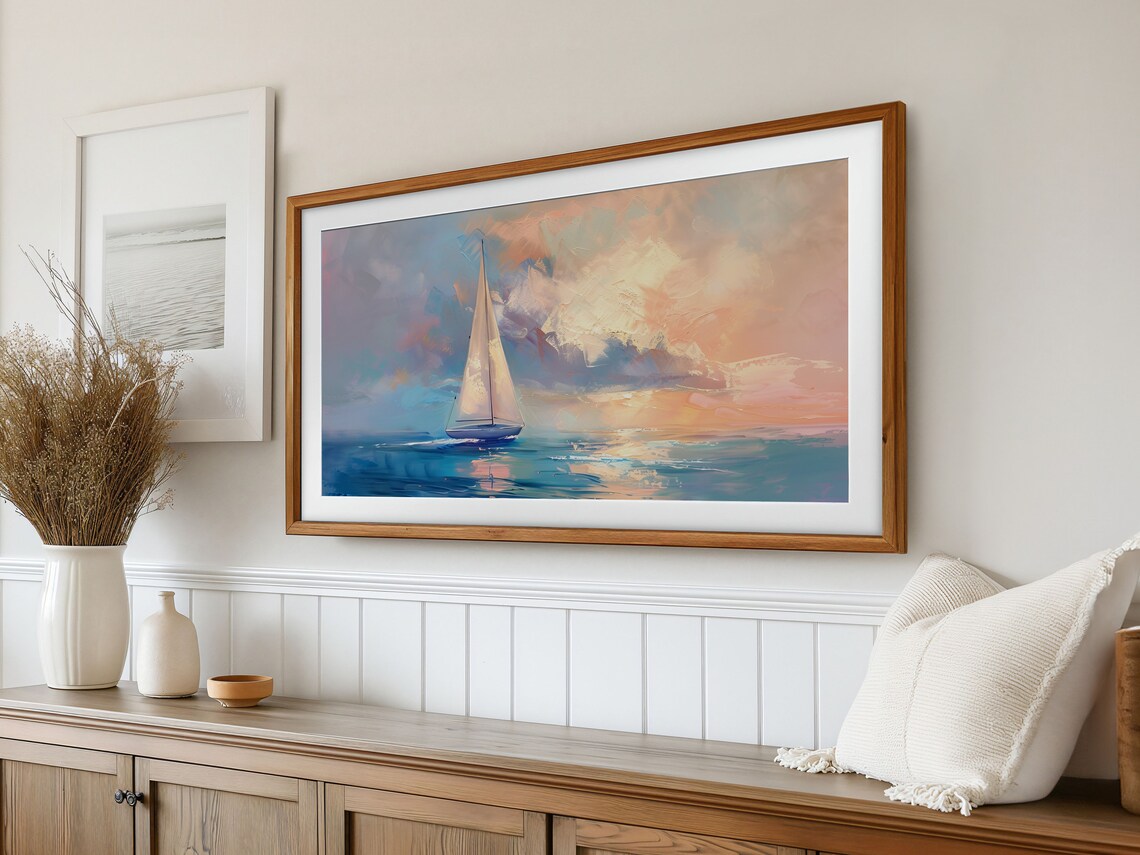 Pastel Sailboat Gliding Under Sunset Sky Ocean Seascape Painting Poster - Image 3