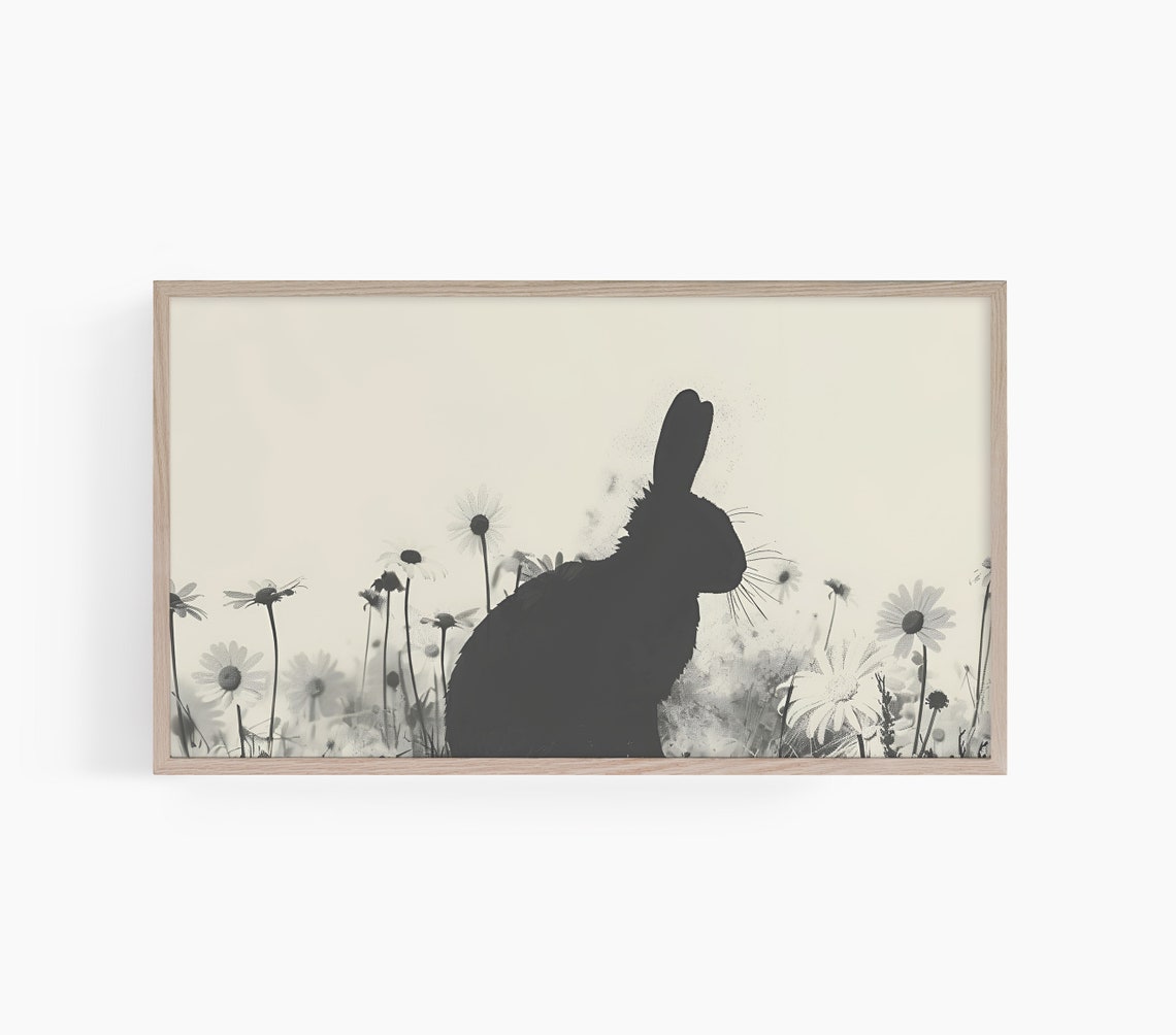Black Rabbit Silhouette Daisy Meadow Minimal Neutral Art Poster
