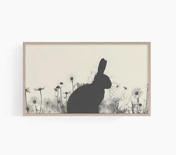 Black Rabbit Silhouette Daisy Meadow Minimal Neutral Art Poster