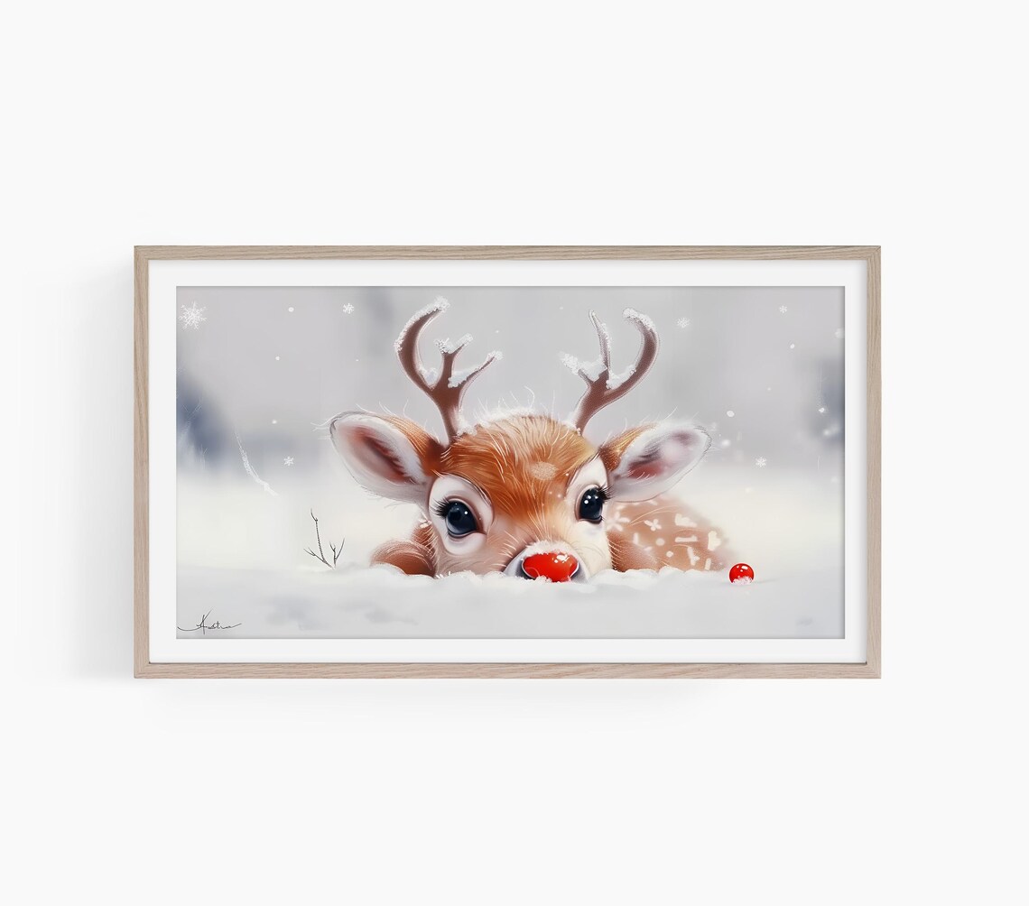 Rudolph Christmas Reindeer Art Print, Holiday Seasonal
