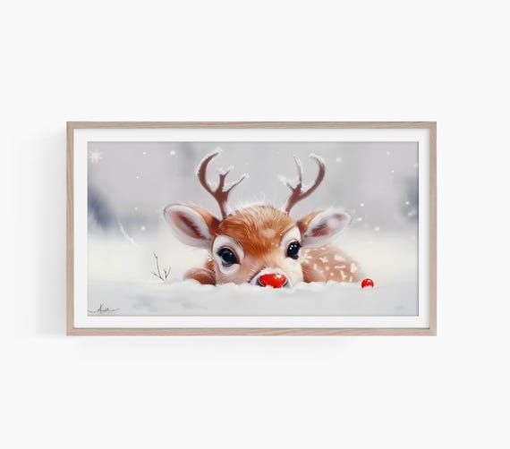 Rudolph Christmas Reindeer Art Print, Holiday Seasonal