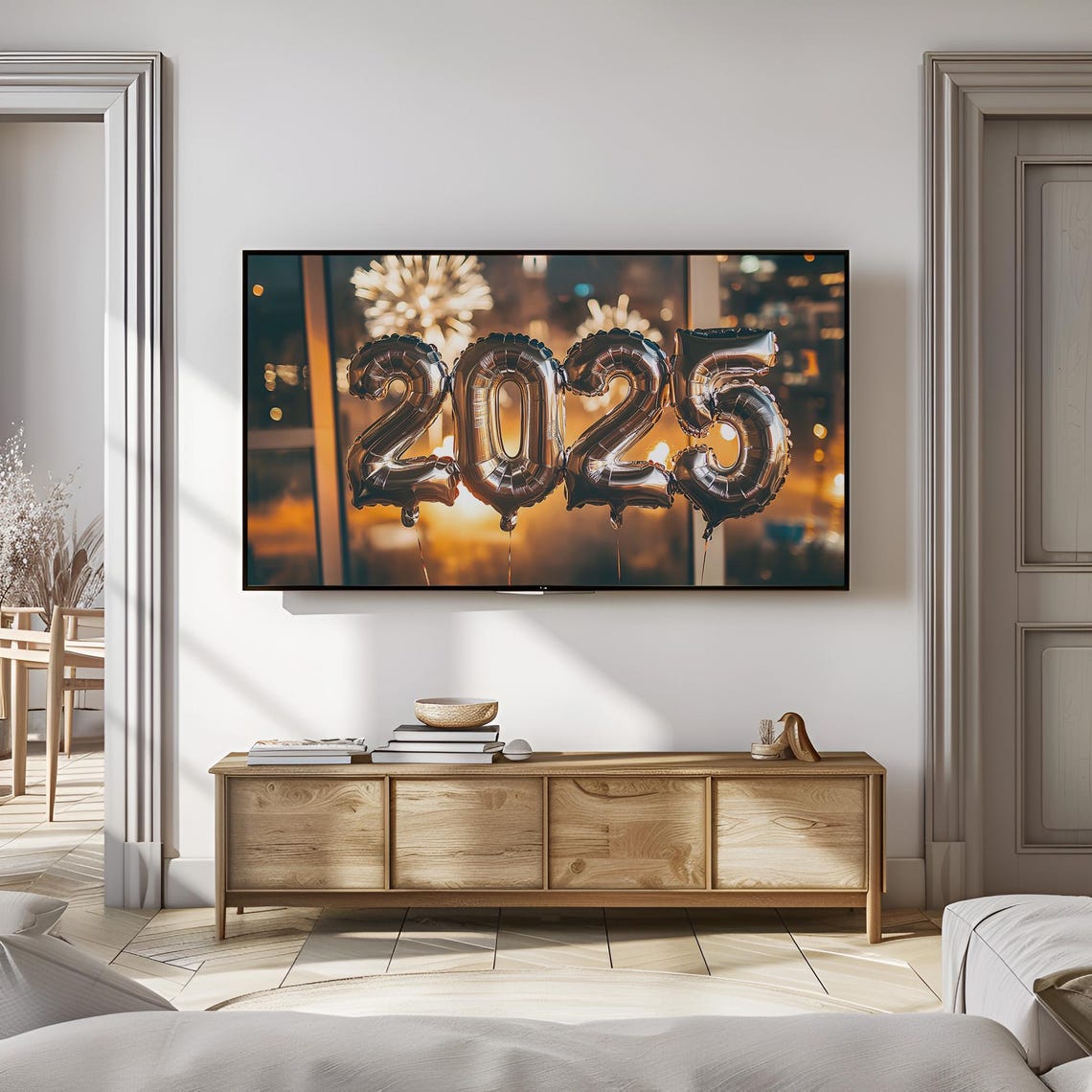 Silver 2025 Foil Number Balloons Fireworks Night Party Poster - Image 3