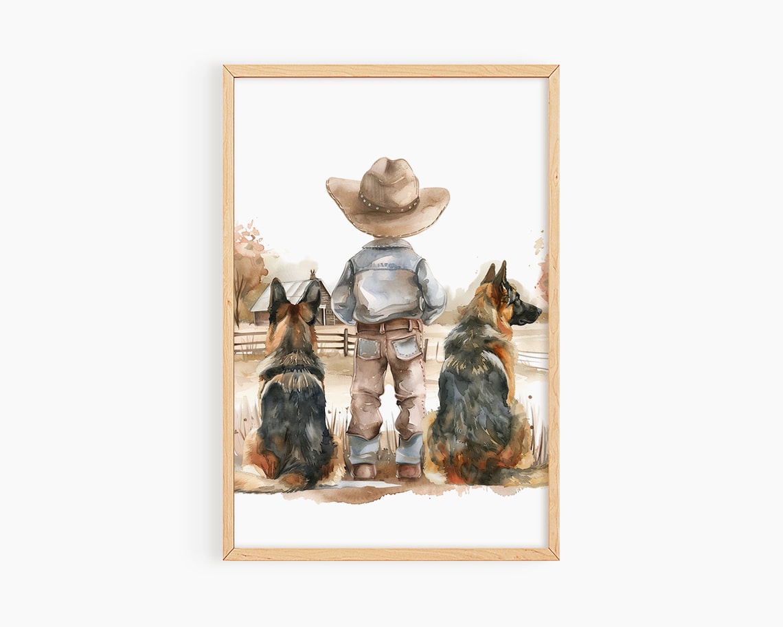 Cowboy Nursery Decor, Boy And His Dogs Art Print
