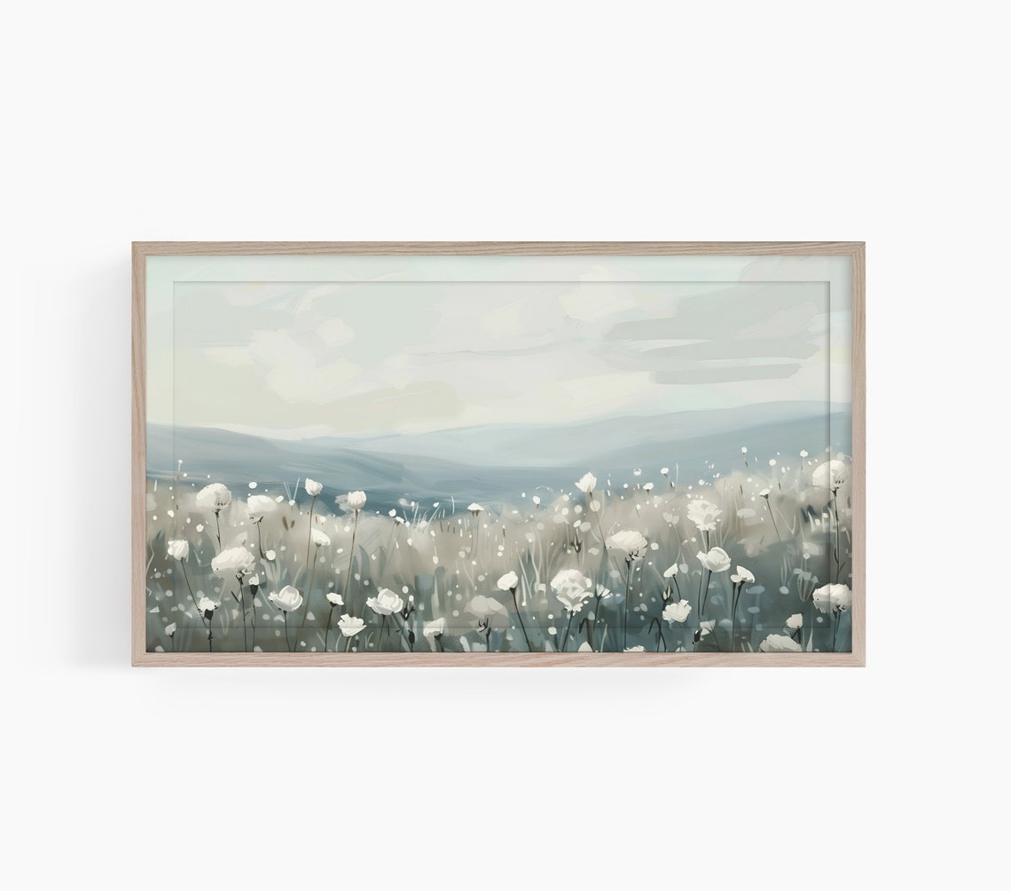 White Wildflower Field Blue Gray Country Meadow Landscape Poster