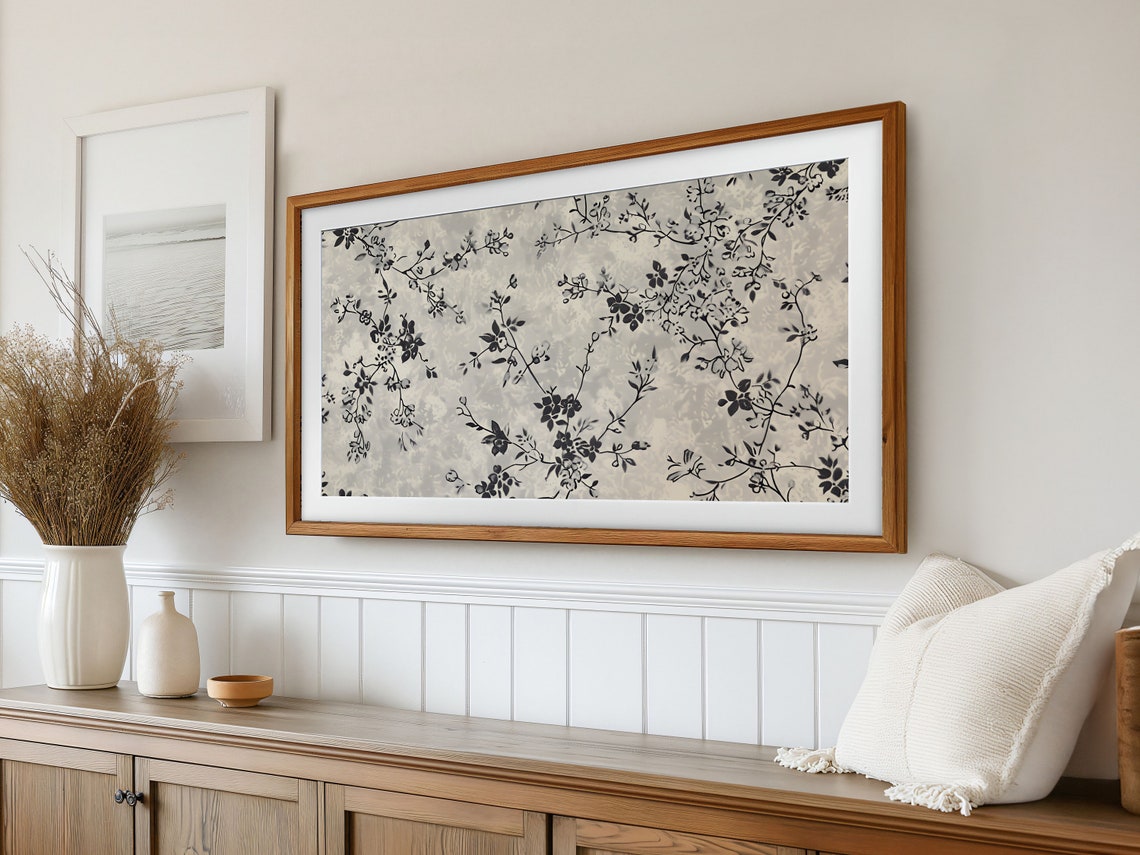 Black Botanical Floral Branch Cream Textile Pattern Elegant Art Poster - Image 3