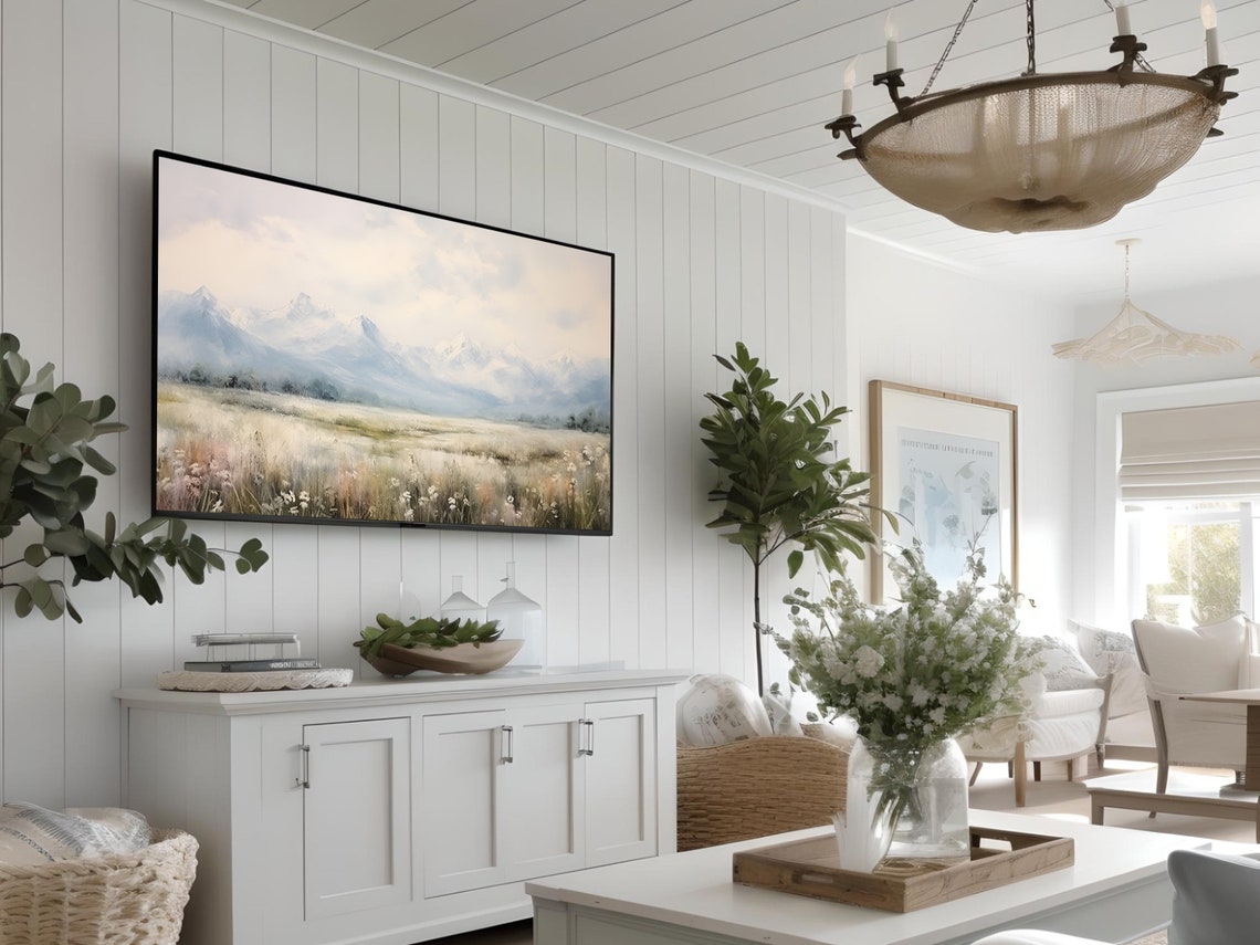 White Wildflower Field Misty Blue Mountain Meadow Painting Poster - Image 2