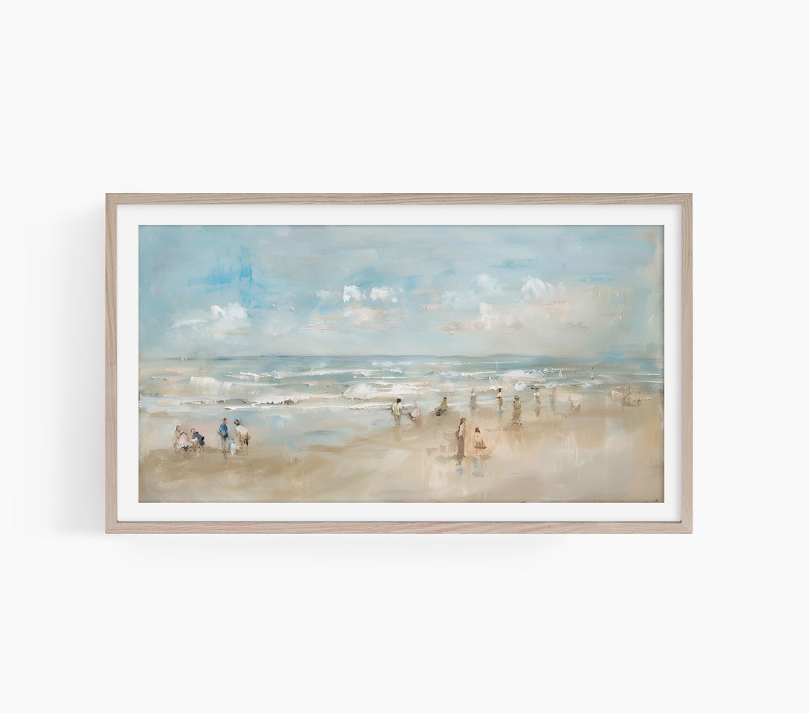 Impressionist Beach Scene with Families Playing by the Waves Poster