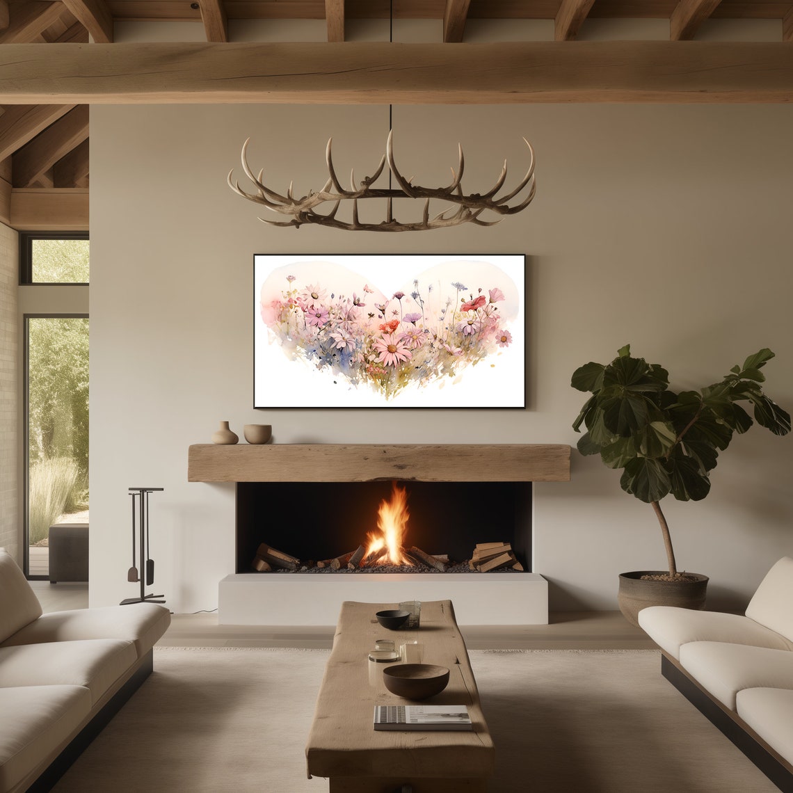 Wildflower Heart Blush Pink Botanical Watercolor Floral Wall Art - Image 2