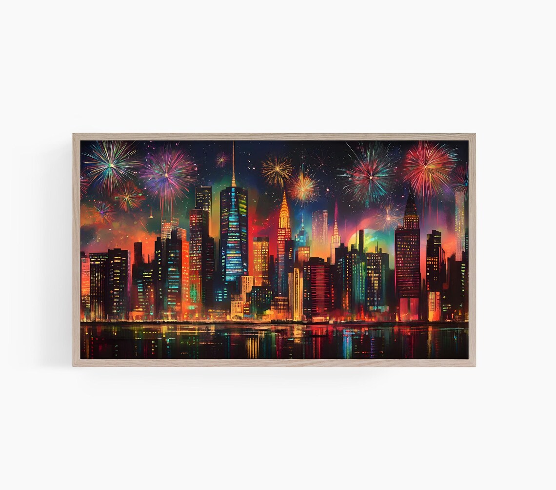 New York City Colorful Skyline Fireworks Night Painting Poster