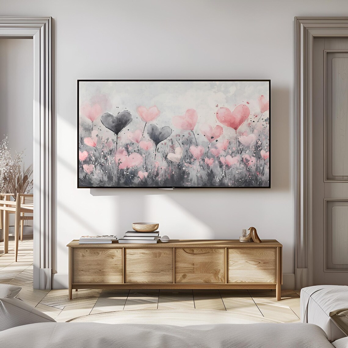 Pink Watercolor Heart Flower Field Sweet Romantic Nursery Poster - Image 2
