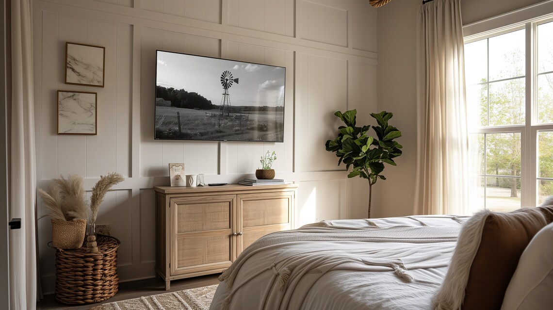 Black and White Windmill Farm Country Landscape Photo Poster - Image 2