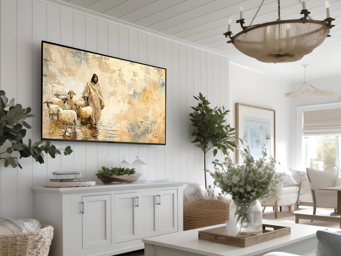 Jesus Good Shepherd Sheep Textured Faith Oil Painting Poster - Image 3
