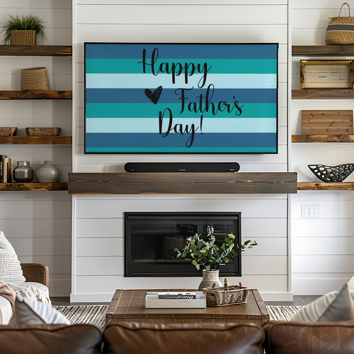 Happy Fathers Day Script Typography on Bold Blue Stripes Poster - Image 3