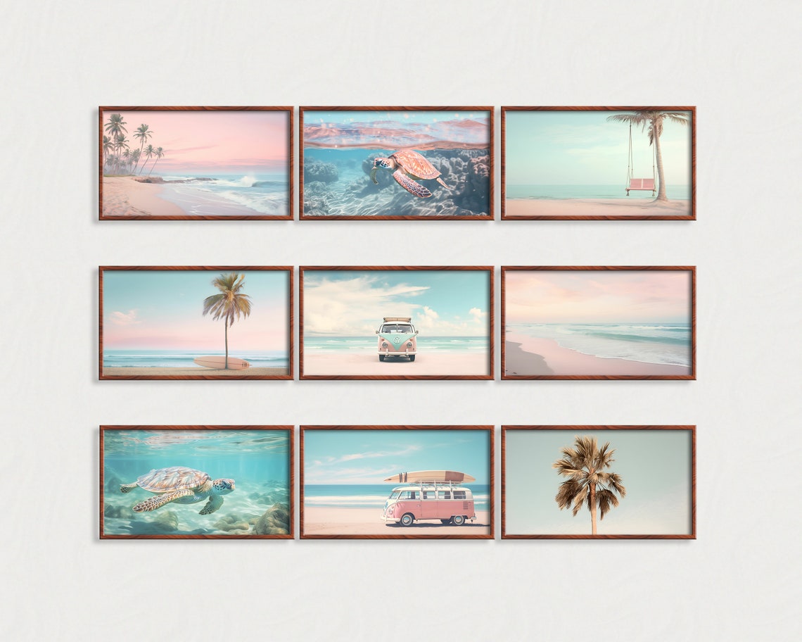 Pastel Beach Sea Turtle Surf Van Gallery Set of Nine Art Poster