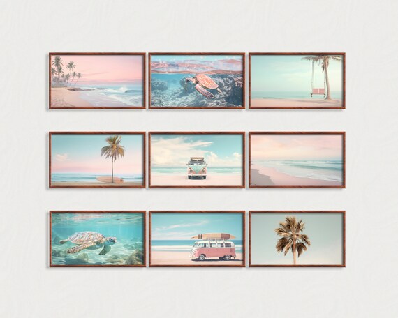 Pastel Beach Sea Turtle Surf Van Gallery Set of Nine Art Poster