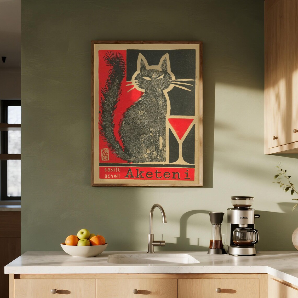 Vintage Red Black Cat Martini Bar Retro Sophisticated Feline Art Poster