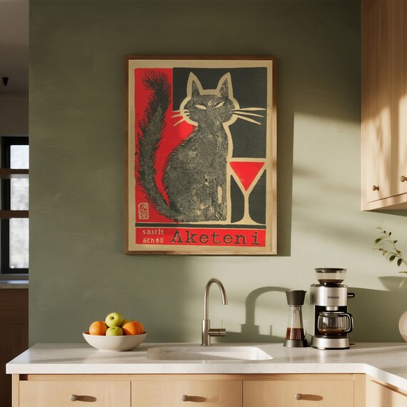 Vintage Red Black Cat Martini Bar Retro Sophisticated Feline Art Poster