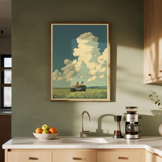 Whimsical Field Cloud Poster Peaceful Landscape Canvas Print Framed Dreamy Nature Wall Art Ghibli Inspired Home Gift