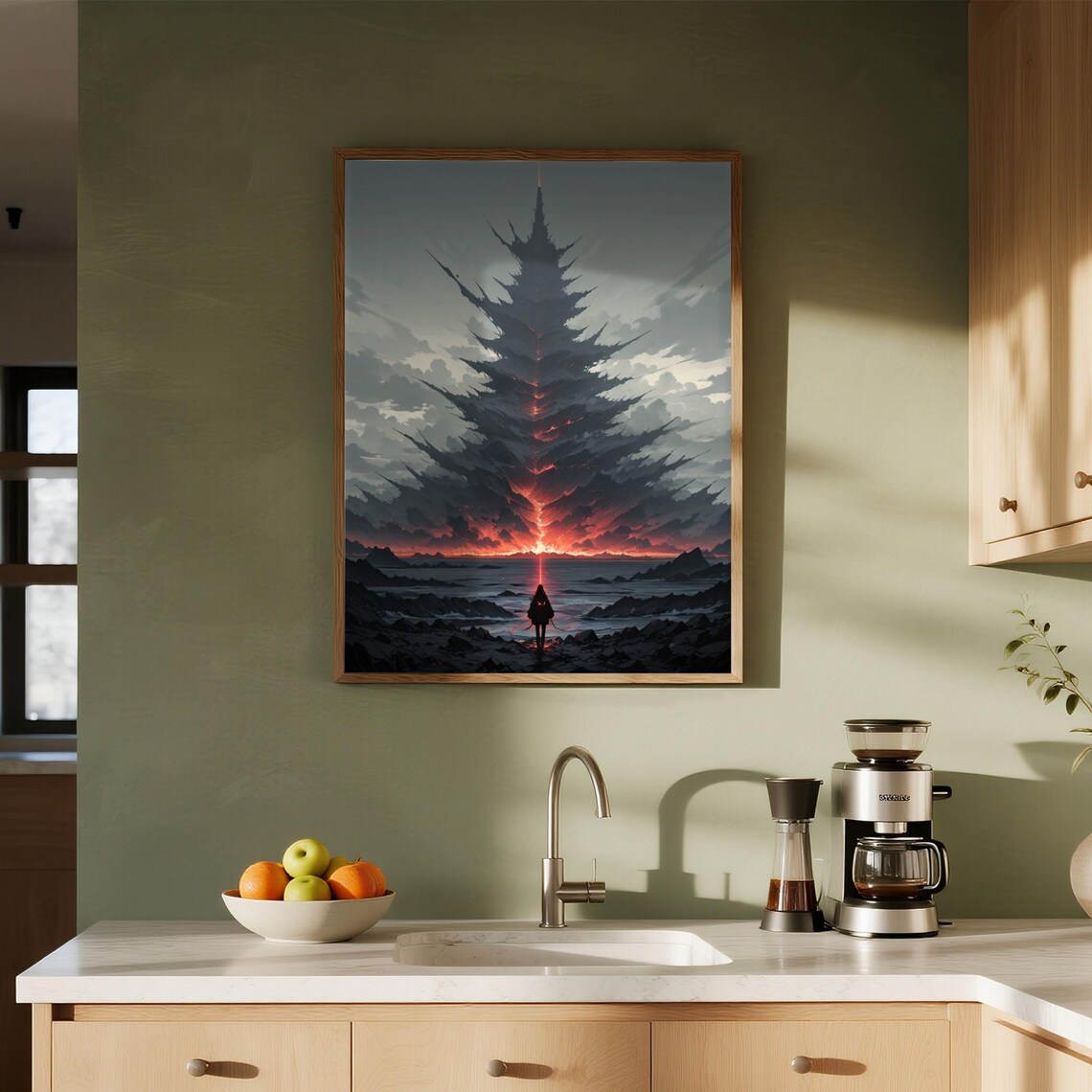 Shadowed Dark Fantasy Lone Figure Fiery Spire Apocalyptic Art Poster