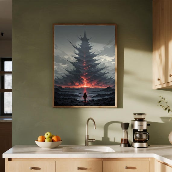 Shadowed Sentinel Dark Fantasy Art Apocalyptic Landscape Dramatic Wall Decor Ominous Mountain Print Lone Figure Poster