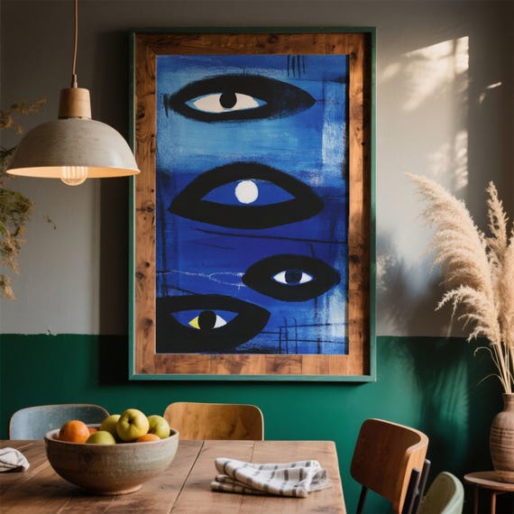 Abstract Eye Art Print Japanese Graphic Design Bold Blue Black White Modern Minimalist Opt Contemporary Wall Decor