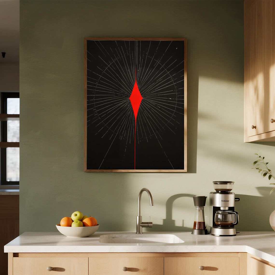 Fractured Red Diamond Radial Lines Black Geometric Abstract Poster