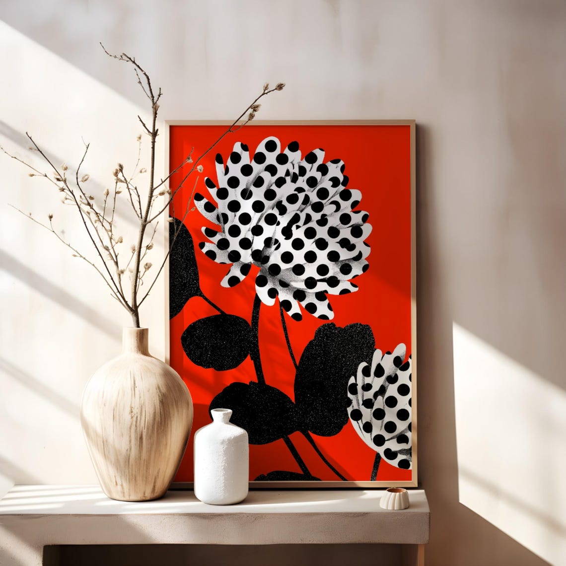 Bold Polka Dot Flower Art Orange Black White Modern Botanical Poster