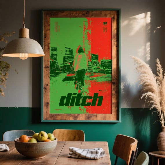 Urban Street Screen Print Poster Gritty Cityscape Art Modern Graphic Design Bold Red Green Wall Decor Statement Piece