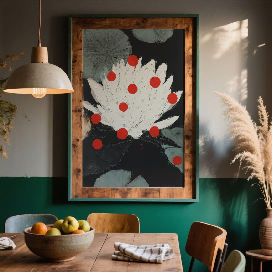 White Water Lily Red Dots Dark Botanical Pop Art Floral Nature Poster