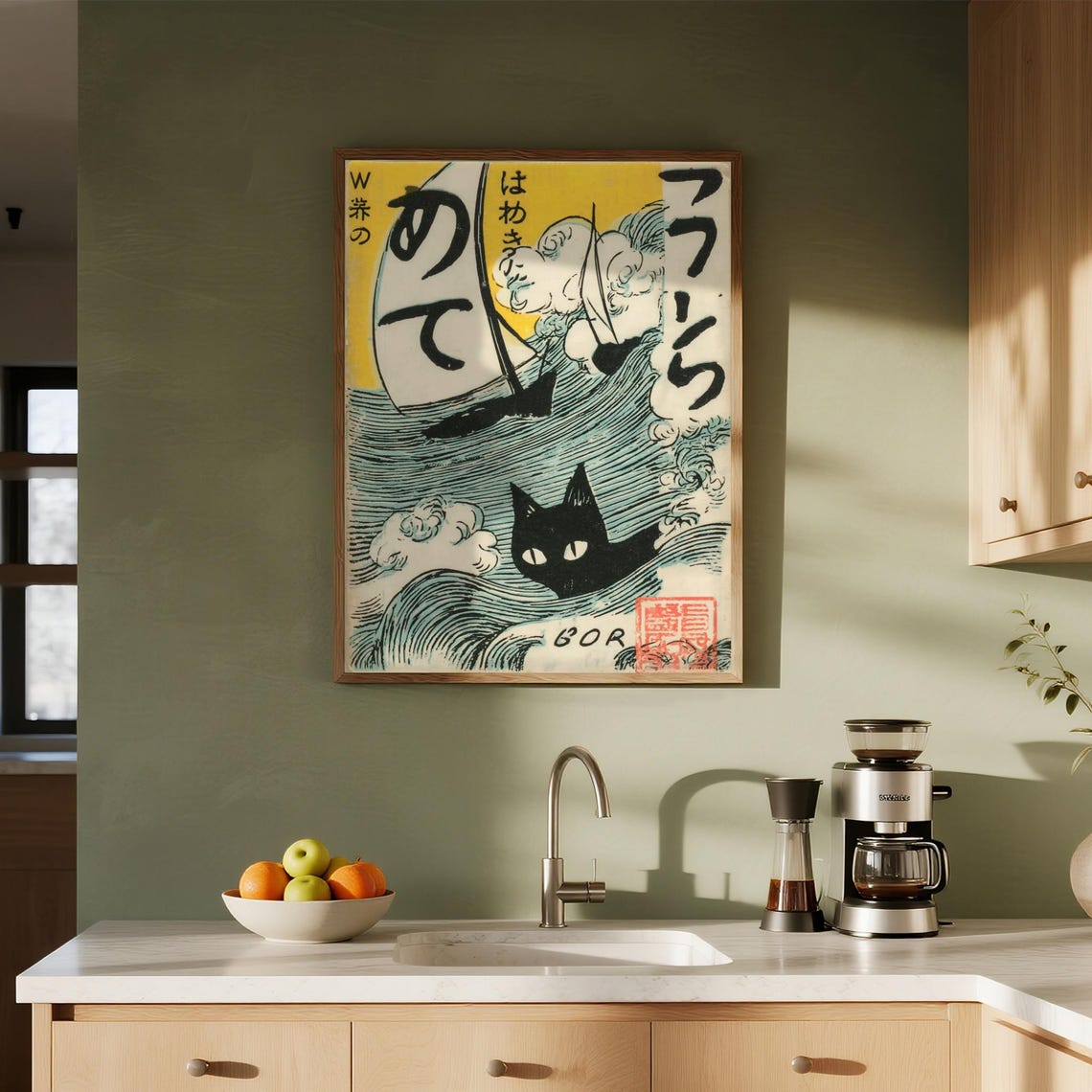 Vintage Japanese Cat Ocean Wave Sailboat Ukiyoe Style Poster