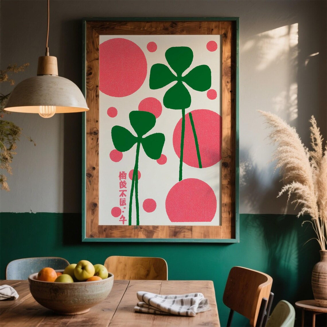 Japanese Green Four Leaf Clover Pink Circles Graphic Lucky Poster