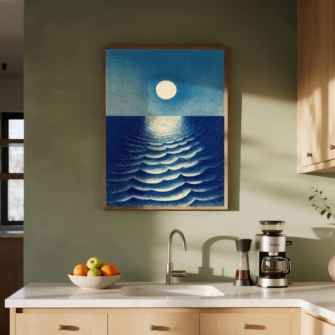 Abstract Blue Ocean Waves Moon Night Minimalist Coastal Poster