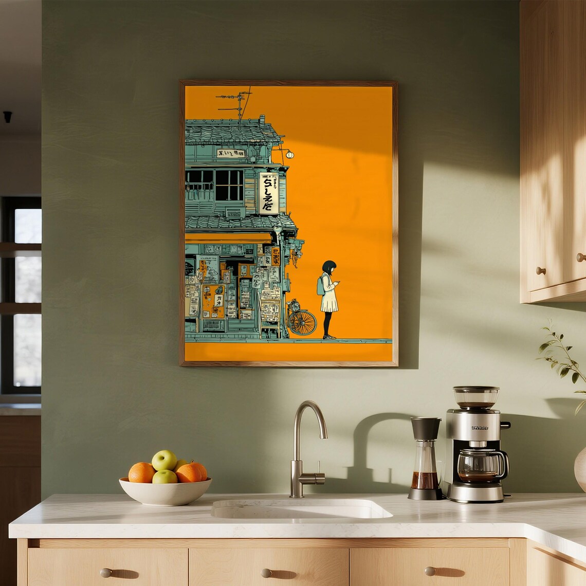 Vibrant Retro Japanese Street Shop Girl Orange Cityscape Poster